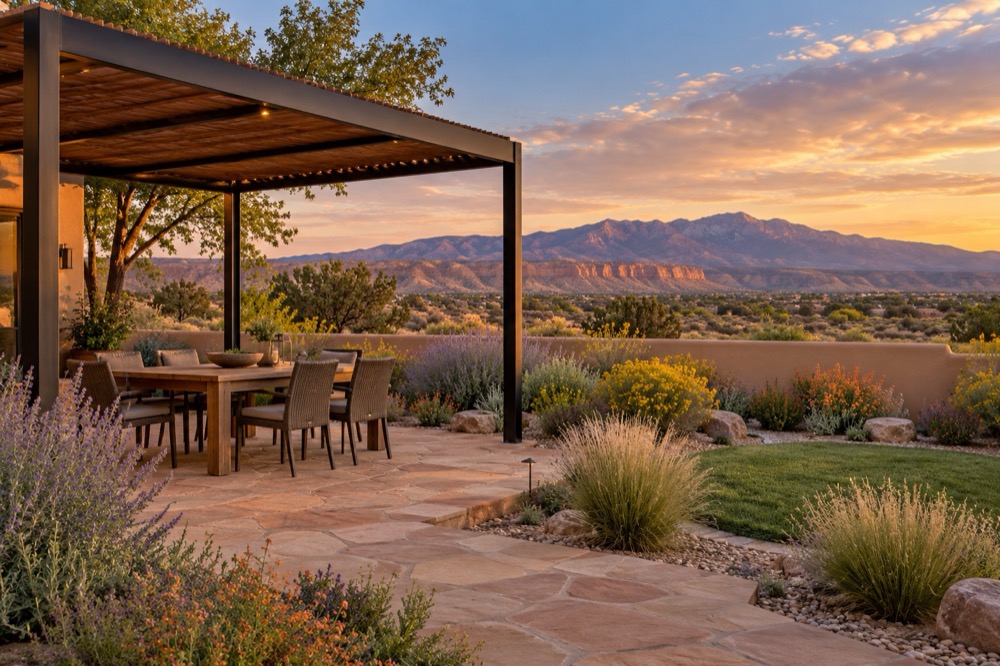 High desert backyard with a steel and wood shade pergola over a flagstone dining patio, chamisa, Russian sage and a small buffalograss patch