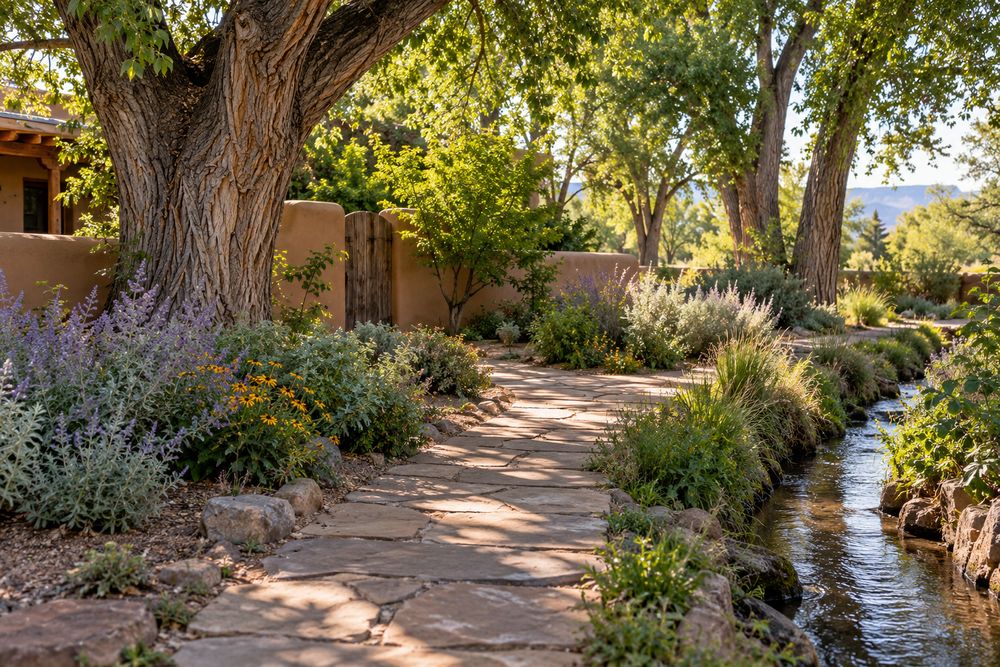 Cottonwood-shaded garden with an adobe wall, flagstone path and native shrubs on an older Rio Grande valley lot