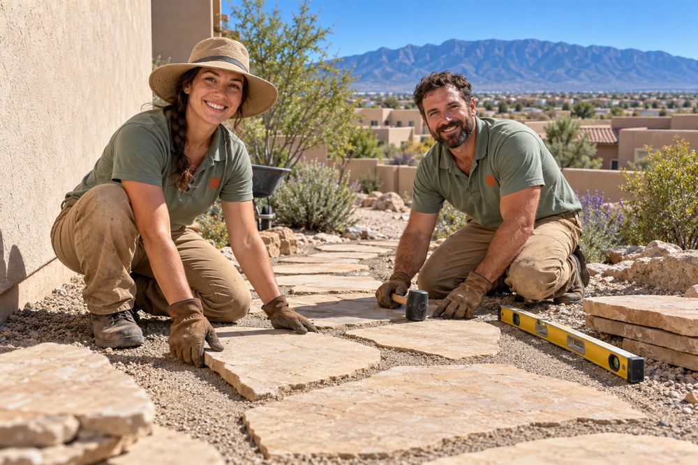 Two happy landscapers laying flagstone stepping stones into crusher fines along a side yard path