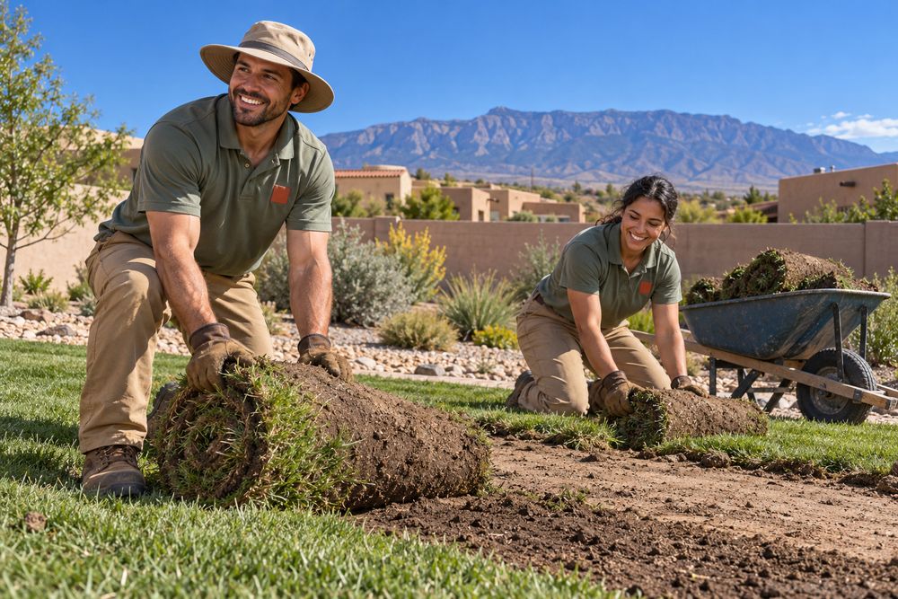 Two cheerful landscapers rolling up old lawn sod in a Rio Rancho backyard before a xeriscape conversion