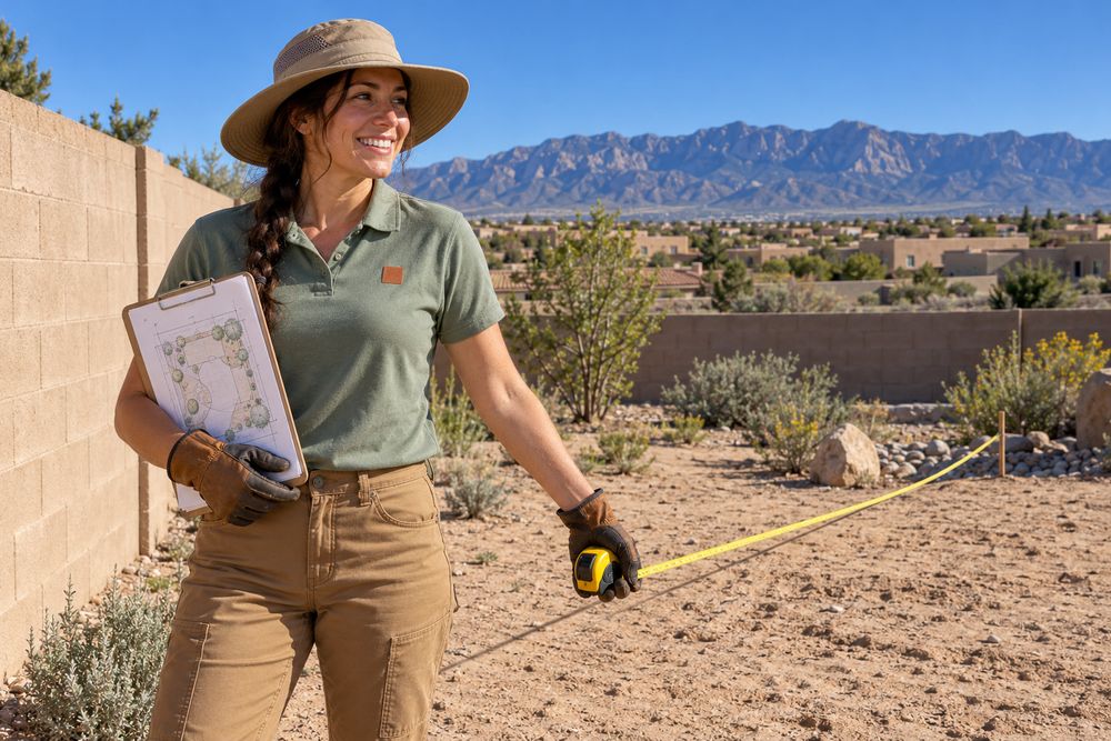 Designer pulling a measuring tape across a sandy backyard next to a stucco wall while sketching a landscape plan