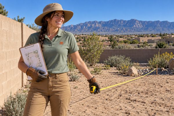 Designer pulling a measuring tape across a sandy backyard next to a stucco wall while sketching a landscape plan