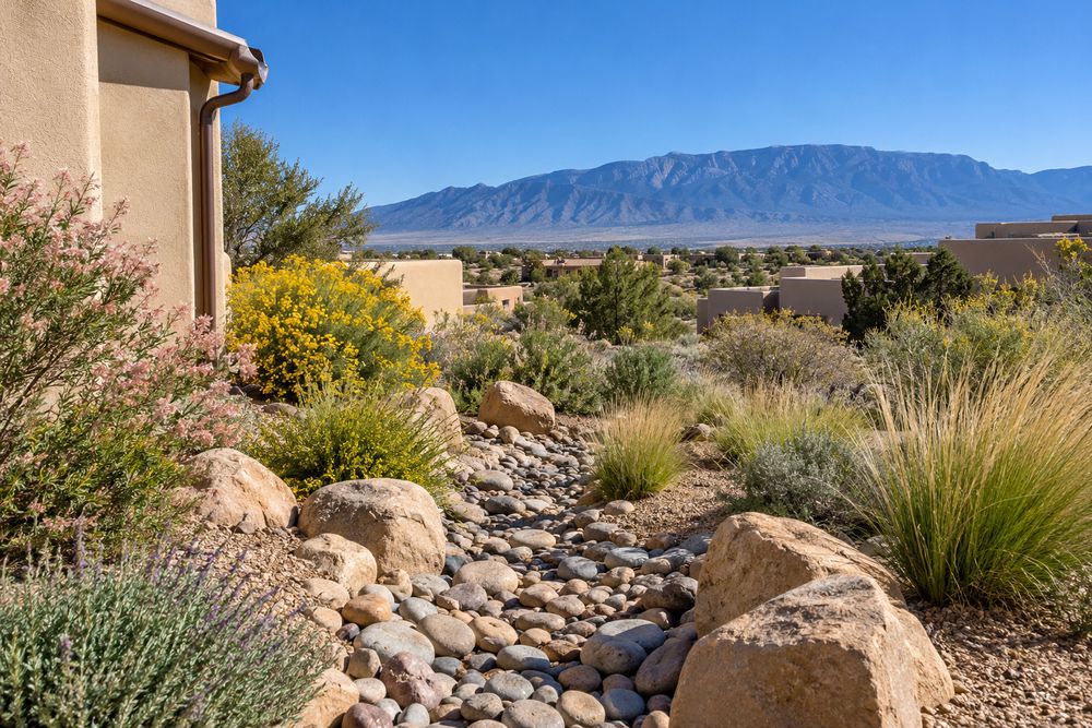 Dry creek bed of river rock and boulders winding through a native plant bed to carry roof runoff across the yard