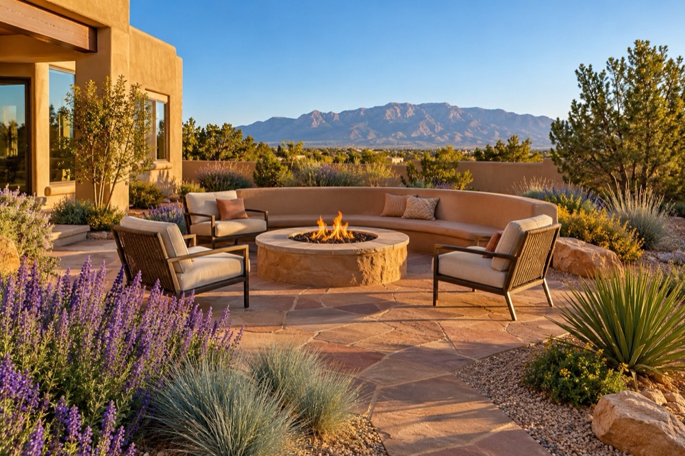 Finished backyard courtyard with a sandstone flagstone patio, round fire pit, curved adobe seat wall and blooming salvia at a Rio Rancho stucco home