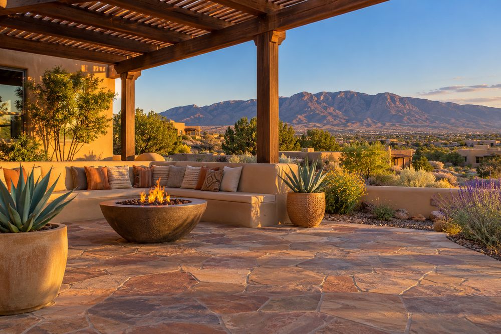 Flagstone patio under a wood shade pergola with built-in seating and native plantings in a high desert backyard