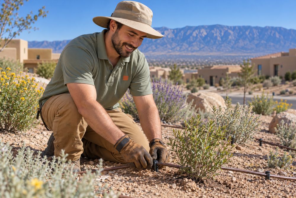 Smiling installer kneeling to connect drip irrigation tubing and emitters to young native shrubs in a gravel bed
