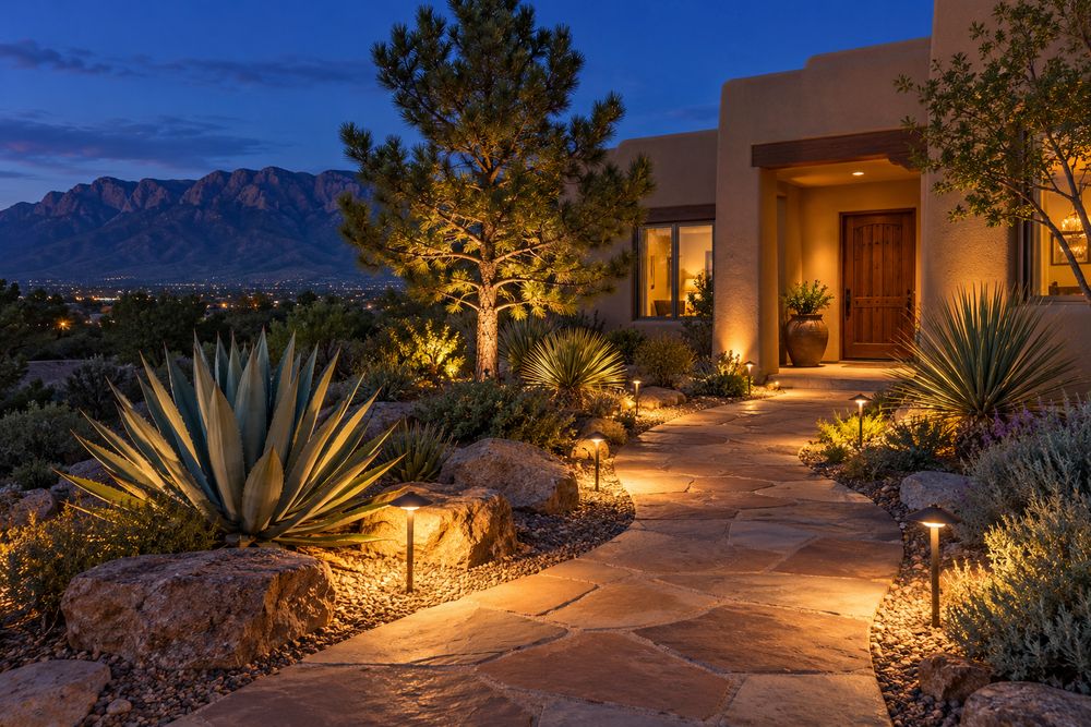 Low-voltage path lights and uplights glowing on agave, yucca and a flagstone path at dusk outside a stucco home