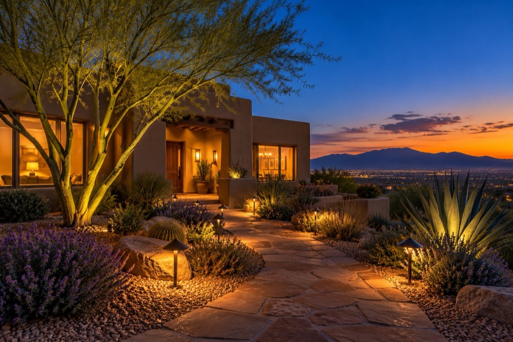 Low-voltage path lights and soft uplights on agave and a desert tree along a flagstone walk at twilight