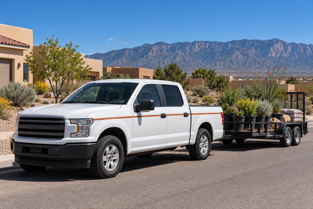 White landscape work truck with a terracotta stripe towing a trailer of potted native plants and bagged gravel on a Rio Rancho street