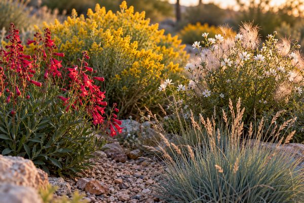 Native plant bed with penstemon, chamisa, Apache plume and blue grama grass in warm evening light