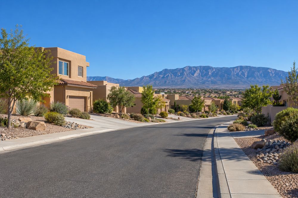 Rio Rancho residential street of 2000s stucco homes with gravel front yards and the Sandia Mountains on the horizon