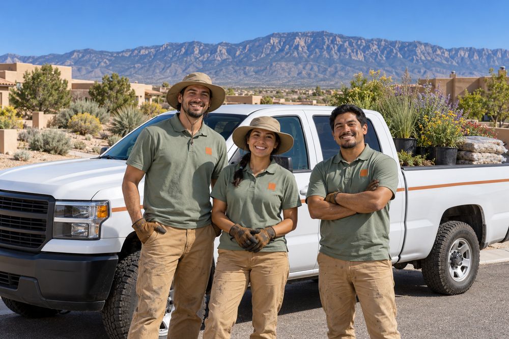 Three smiling landscape crew members in sage shirts standing beside a white work truck loaded with plants and rock