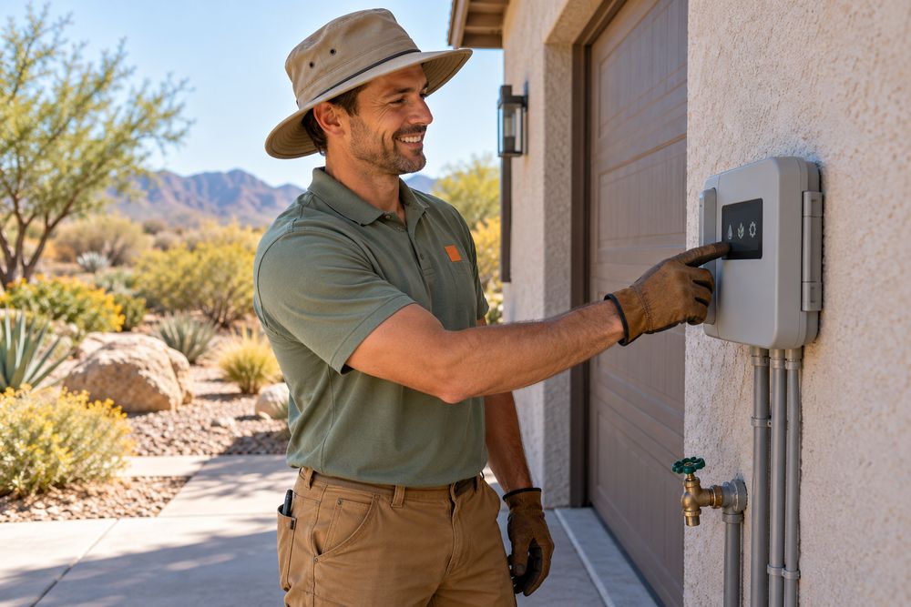 Technician in a sage work shirt programming a wall-mounted smart irrigation controller on a stucco garage wall