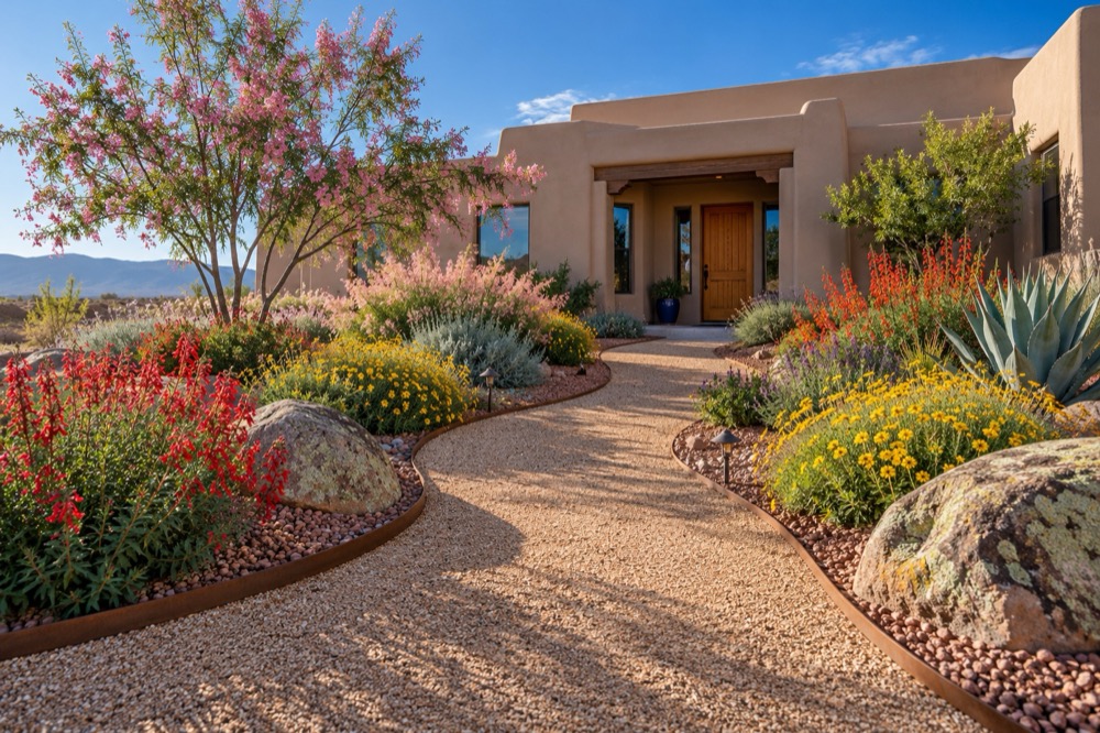 Water-wise front yard with a curving crusher-fine path, penstemon, agave, moss rock boulders and a blooming desert willow