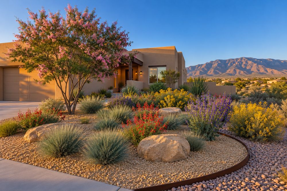 Finished xeriscape front yard with a desert willow, blue grama, penstemon and crushed granite in front of a tan stucco home